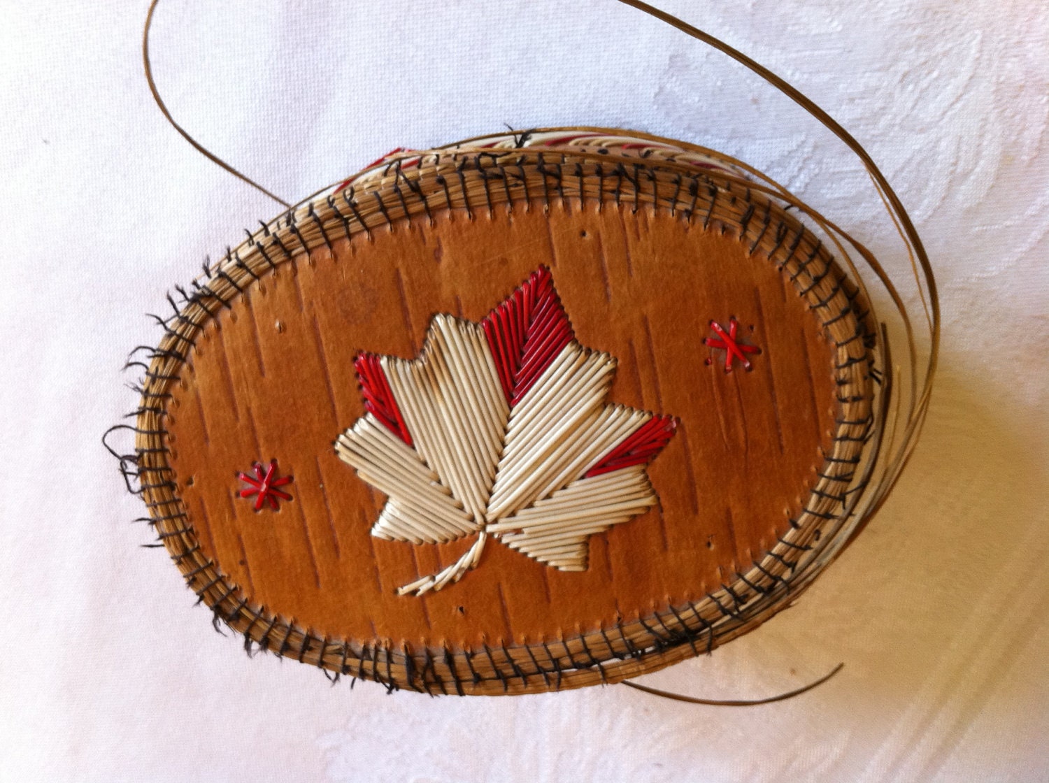 Porcupine Quill Basket Birch Sweet Grass Native American Basket Hand Made Vintage Hard to Find Leaf Red and White