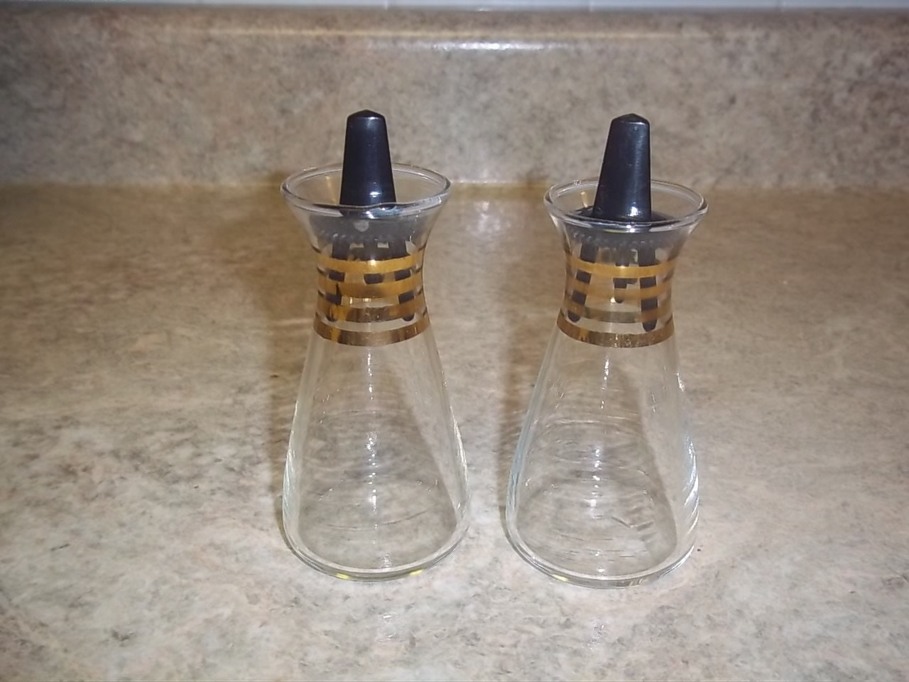 Pyrex Corelle Gold Band salt and pepper shakers by BargainsByTrina