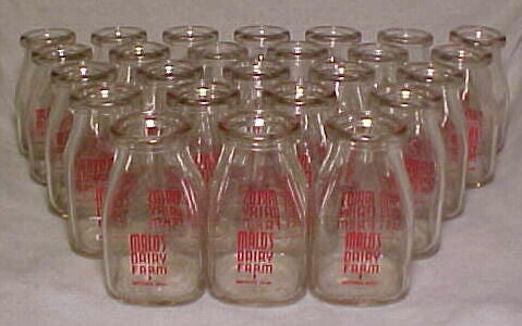 Group of 25 1950's Malo's Dairy Farm Methuen, Mass., ACL School Lunch Half Pint Size Piro Milk Bottles