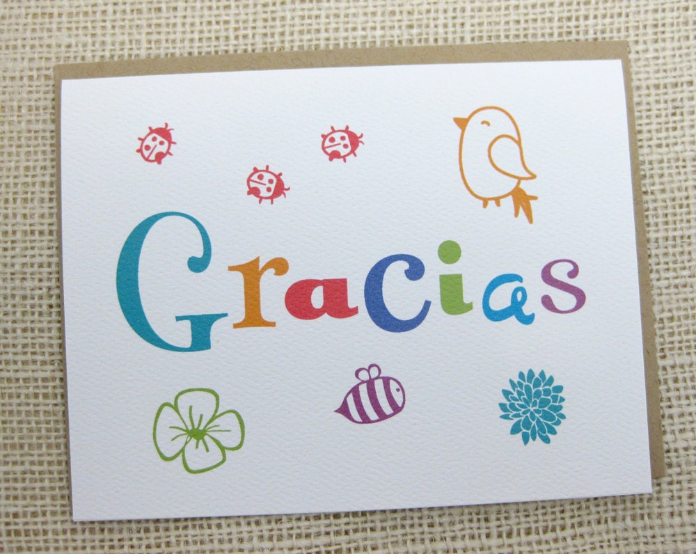 Cute, Gracias, Spanish Thank You, Thank You Note, Whimsical Art - Set of 6