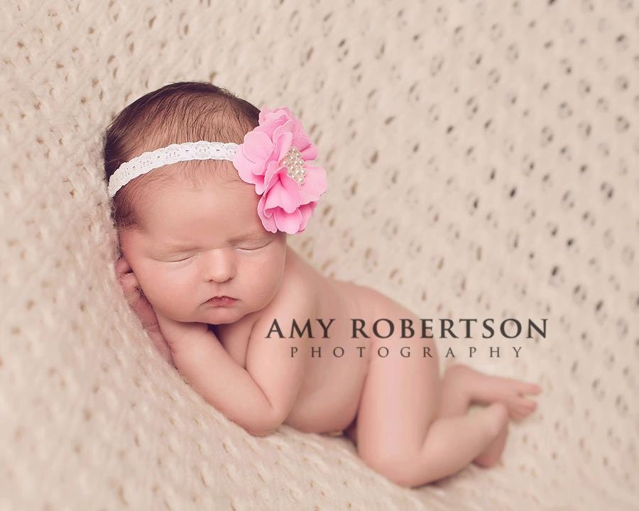 Baby Flower Headband- Newborn Headband- Pink Ruffled Flower on Soft Skinny White Lace Elastic Headband