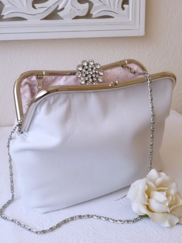 Elegant White Wedding Clutch with Diamanté Clasp. Upcycled Leather. Princess Bride. OOAK Purse