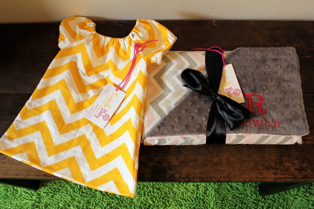 Chevron Baby Gift With Embroidery Option---Chevron Dress and Blanket Gift Set--Preemie/Newborn/Toddler Dress
