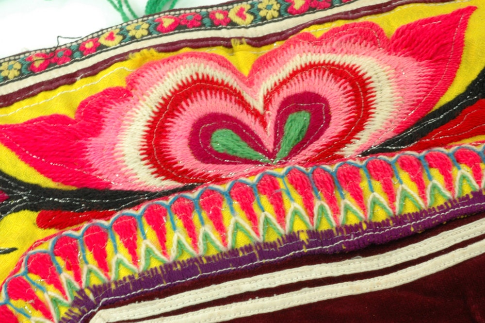 Vintage Hmong Tribal Textile Embroidered Cotton Fabric. Neon Yellow and PInk Flowers, Burgundy Velvet. Summer Fashion Trend