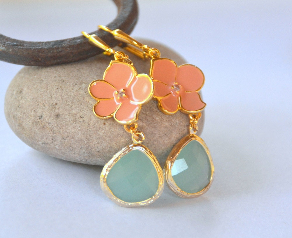 Gold Dangle Earrings with Coral Orange Flower and Aqua Teardrop. Dangle Earrings in Gold. Fashion Earrings.