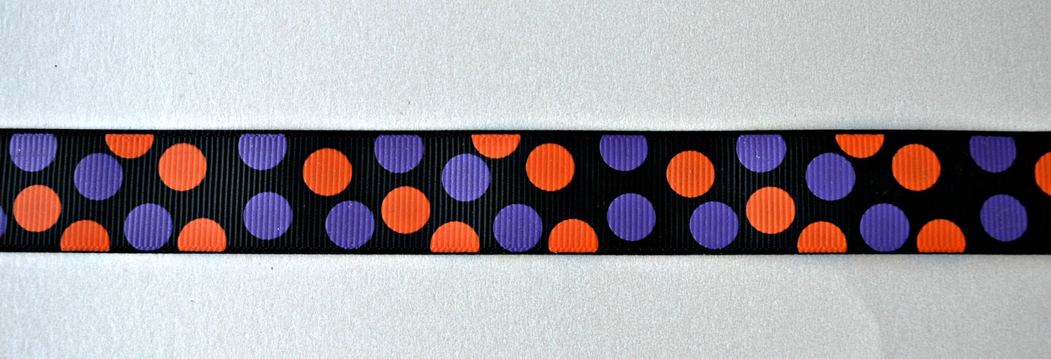 Purple and Orange Halloween dots printed on black 7/8" grosgrain ribbon combo set Il_570xn
