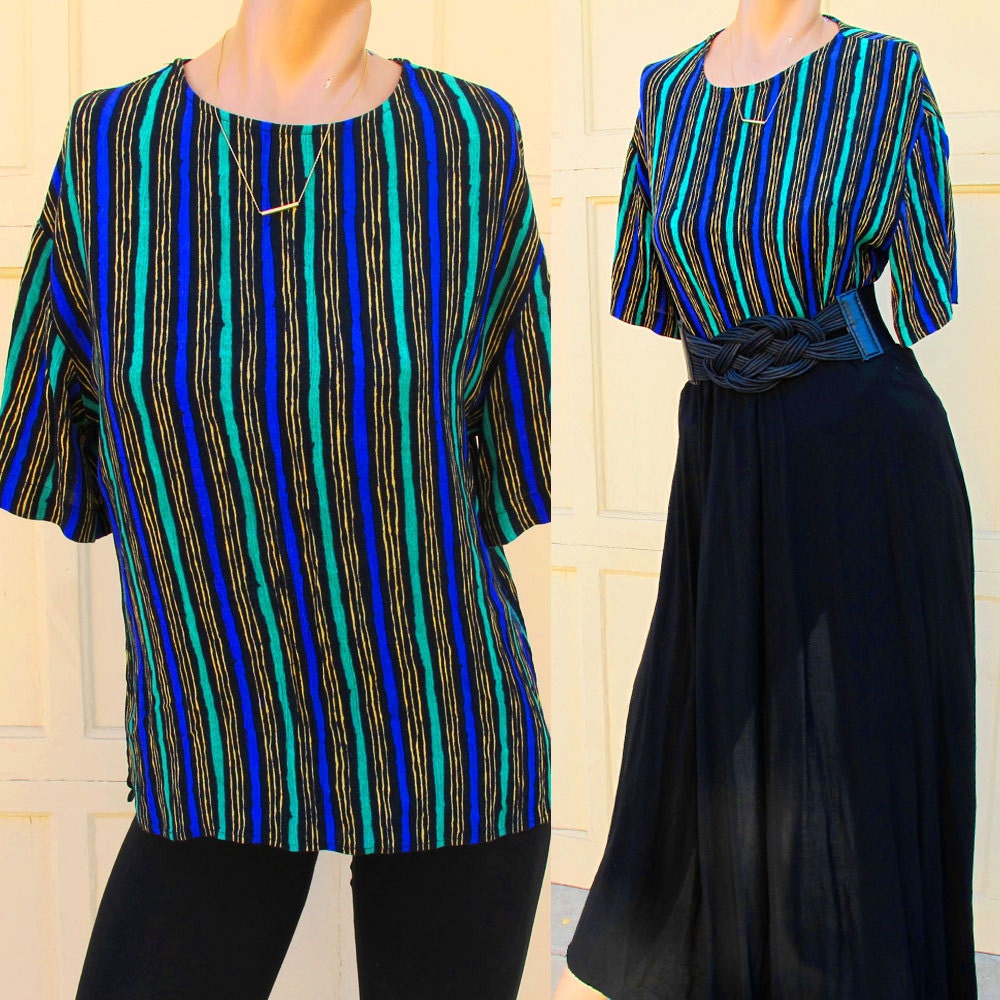 Vintage Striped Patterned Tee Shirt - Womens Summer Short Sleeve Top Blouse - Size: Small -Medium/ Purple Green Black