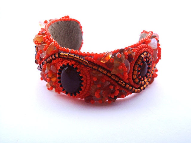 EBWC Bead embroidered cuff "Tangerine tango lure", beads embroidered bracelet, beaded bracelet cuff with carnelian CIJ