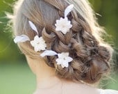White Bridal Hair Flowers, Wedding Hair Accessories, Bridal Feather Flowers, White Rhinestone Bridal Hair Flower Pins - Set of 3