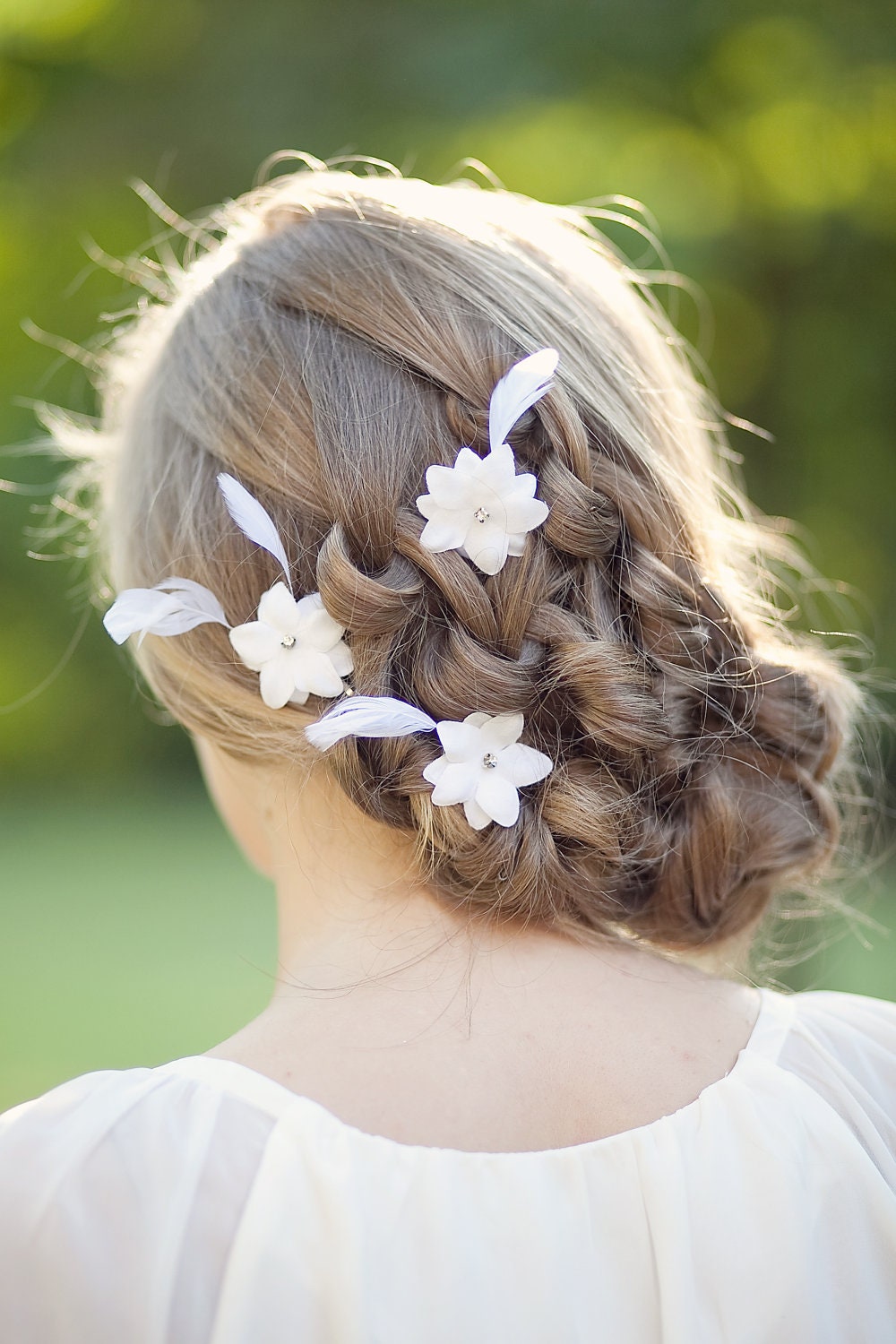 White Bridal Hair Flowers, Wedding Hair Accessories, Bridal Feather Flowers, White Rhinestone Bridal Hair Flower Pins - Set of 3