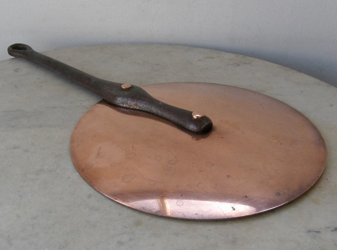 Antique French COPPER POT LID Iron Handle Copper Rivets Tin Lined 8 1/2" Diameter