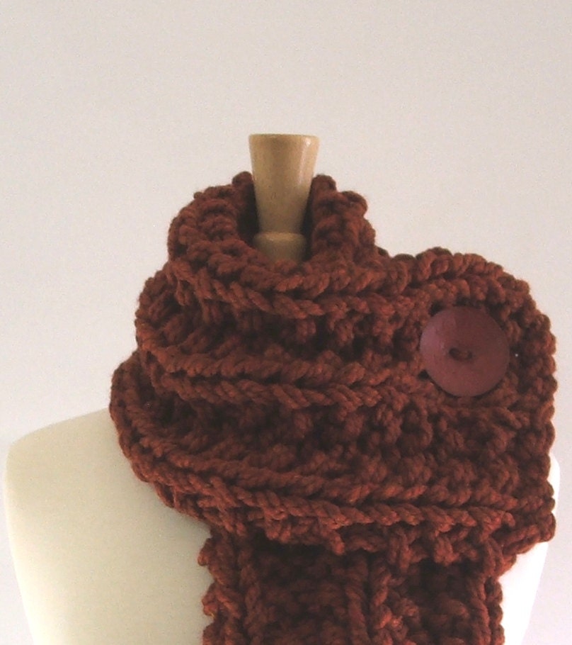 Chunky Knit Spice Brown Cowl Scarf with Large Red Button