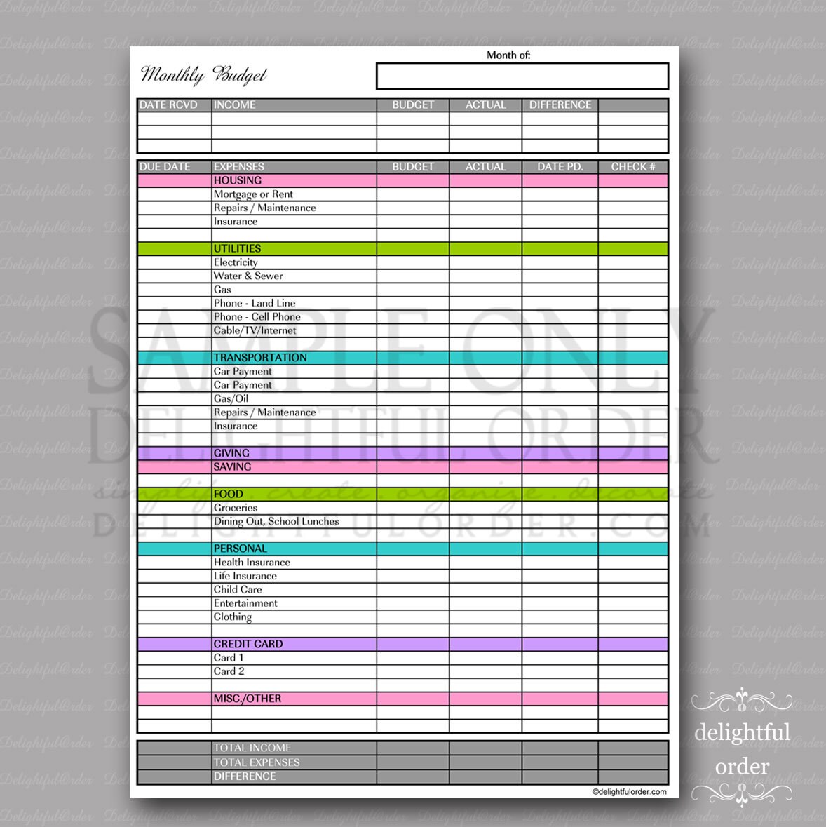 Colorful Monthly Budget Form PDF Printable by DelightfulOrder