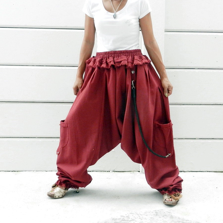 OOAK Lagenlook Steampunk Baggy Pant - Unique Movable Leather Chain Cotton Organic Hemp LARP, SCA.
