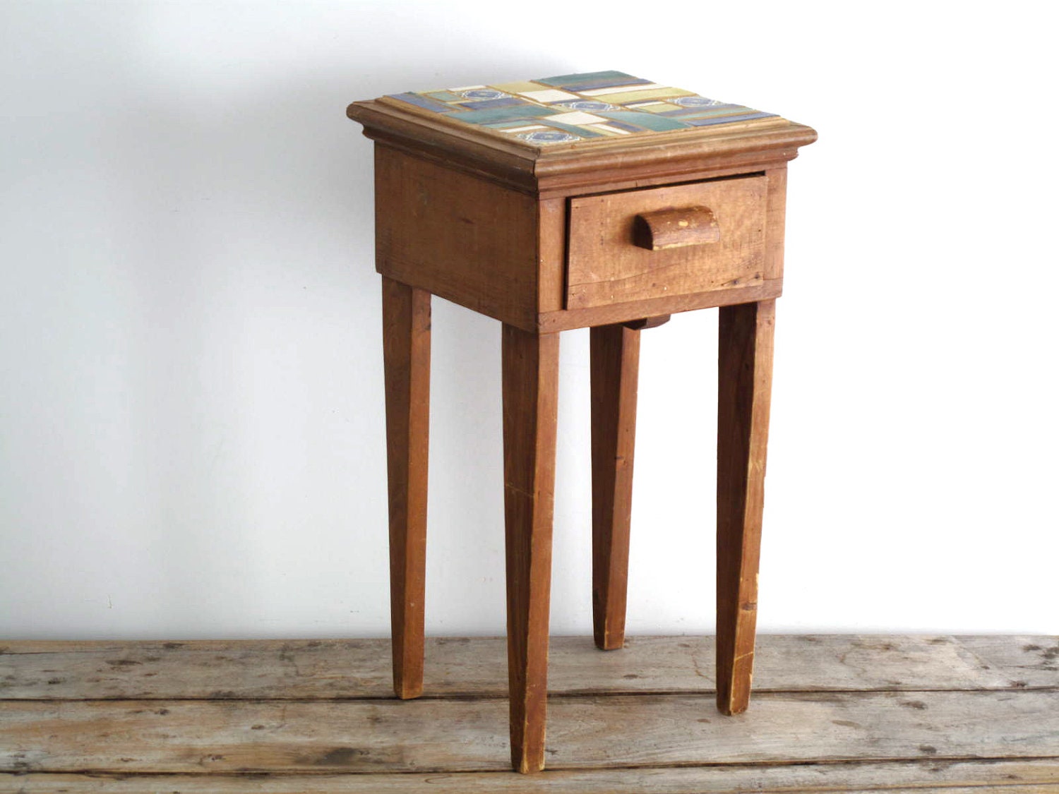 RESERVE Vintage Monterey Styled Side Table with Tile Mosaic Top, Night Stand, Bedside Table, Boho