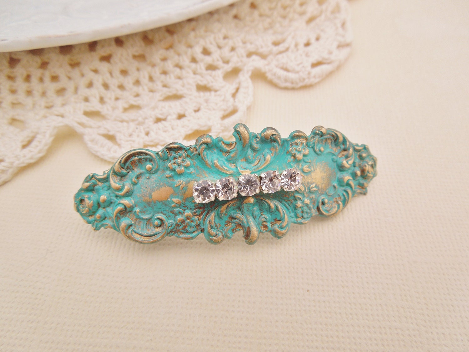Verdigris Patina Bar Hair Clip - Vintage Brass Stamping - Hand-Patina with Vintage Rhinestones, Bridal, Shabby Chic