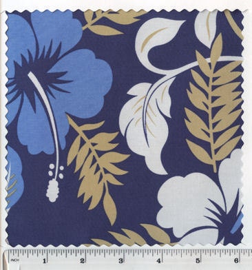 FQ Hawaiian Hibiscus Leaves Blue Tan Fabric KAUFMAN