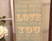 No one else will ever know the strength of my love for you vintage shabby sign for nursery