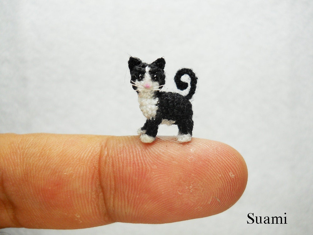 Black White Tuxedo Cat Kitten - Tiny Cat Micro Amigurumi Crochet Miniature Pet Animals - Made to Order