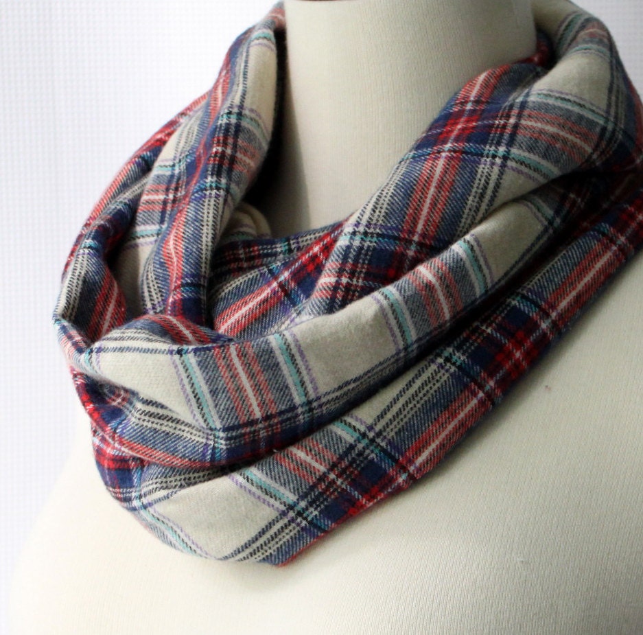 Infinity Scarf - Red Cream and Blue Plaid Flannel