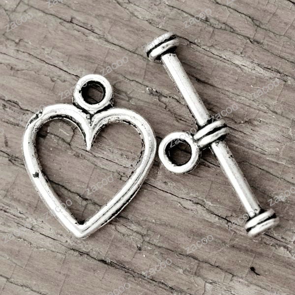 150pcs Tibetan silver smooth Heart Bar & Ring Toggle Clasps  TS1779