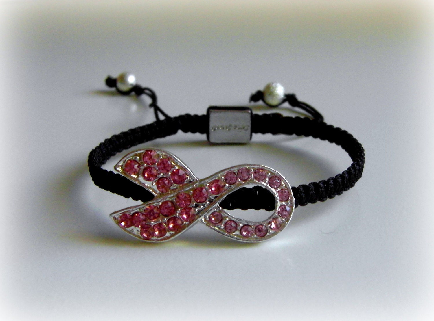 Pink Ribbon Dazzling Crystals Bracelet Breast Cancer Awareness Macrame Adjustable Bracelet Rhinestone Pave Bracelet Braided