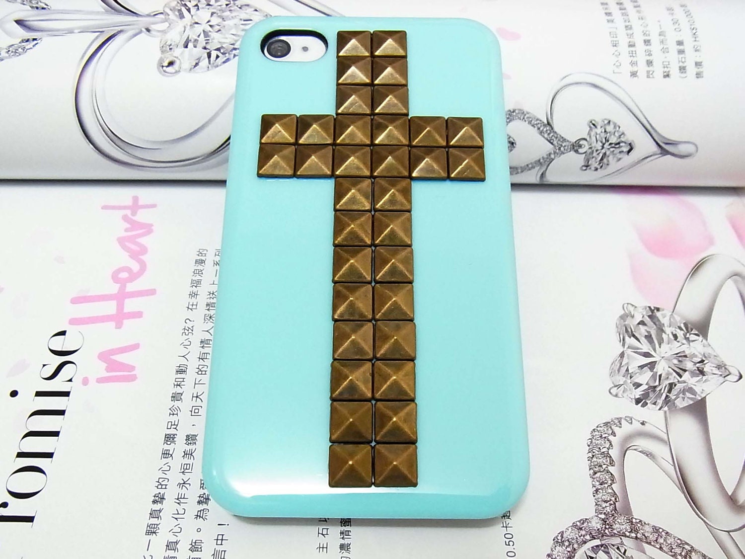 Cross Brass Bronze Pyramid Stud Sky Blue Hard Case Cover For Apple iPhone 4 Case, iphone 4G case, iphone 4S Case S6P
