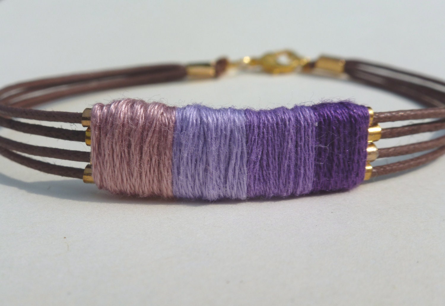 Purple Thread Wrapped Bracelet: Gold Tube Wrapped Bracelet, Cotton Thread, Ombre, Friendship Bracelet