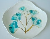 Ceramic Platter with Ginkgo Branch, aqua, turquoise and peacock, organic shape, botanical serving dish