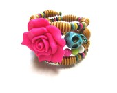 Day of the Dead Bracelet Sugar Skull Wrap Cuff Hot Pink Rose