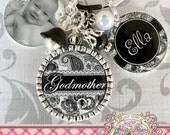 Godmother Key Chain (or Necklace), Triple Pendant Bezel KEYCHAIN, Black White Paisley, Photograph, Children's Names, Mother's Day Gift