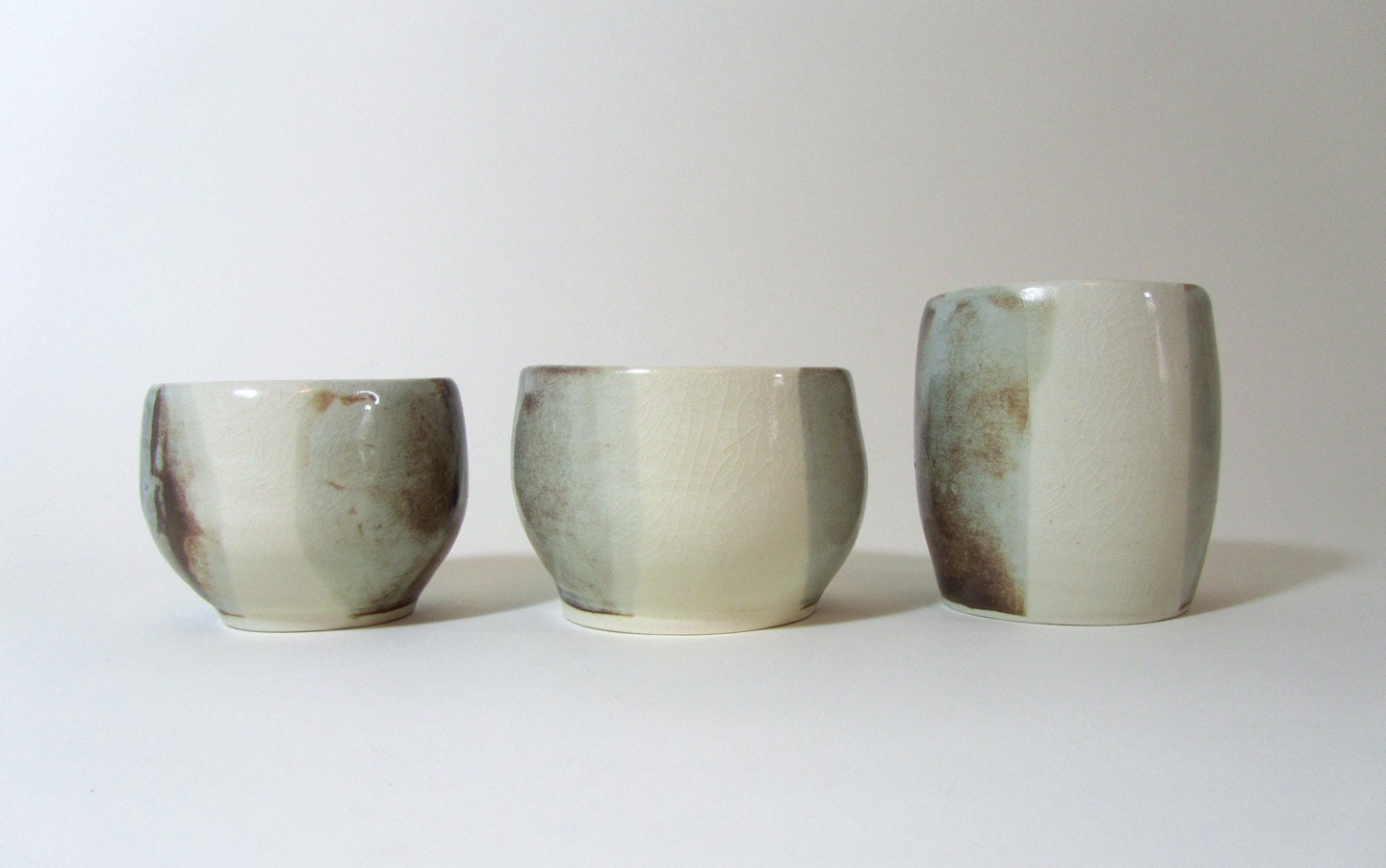 Set of 3: 2 little bowls and one cup, dipped color block, brown/pale blue
