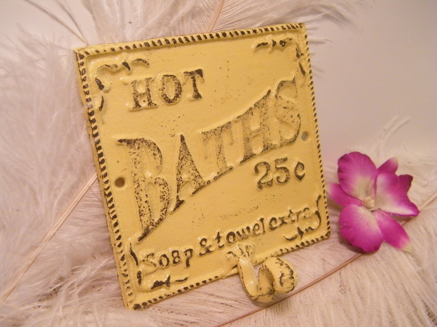 Wall Hook / Olde Time Vintage Inspired Bathroom Decoration / Towel Rack Holder / Cast Iron / Hand Painted / Yellow / Hot Baths Signage