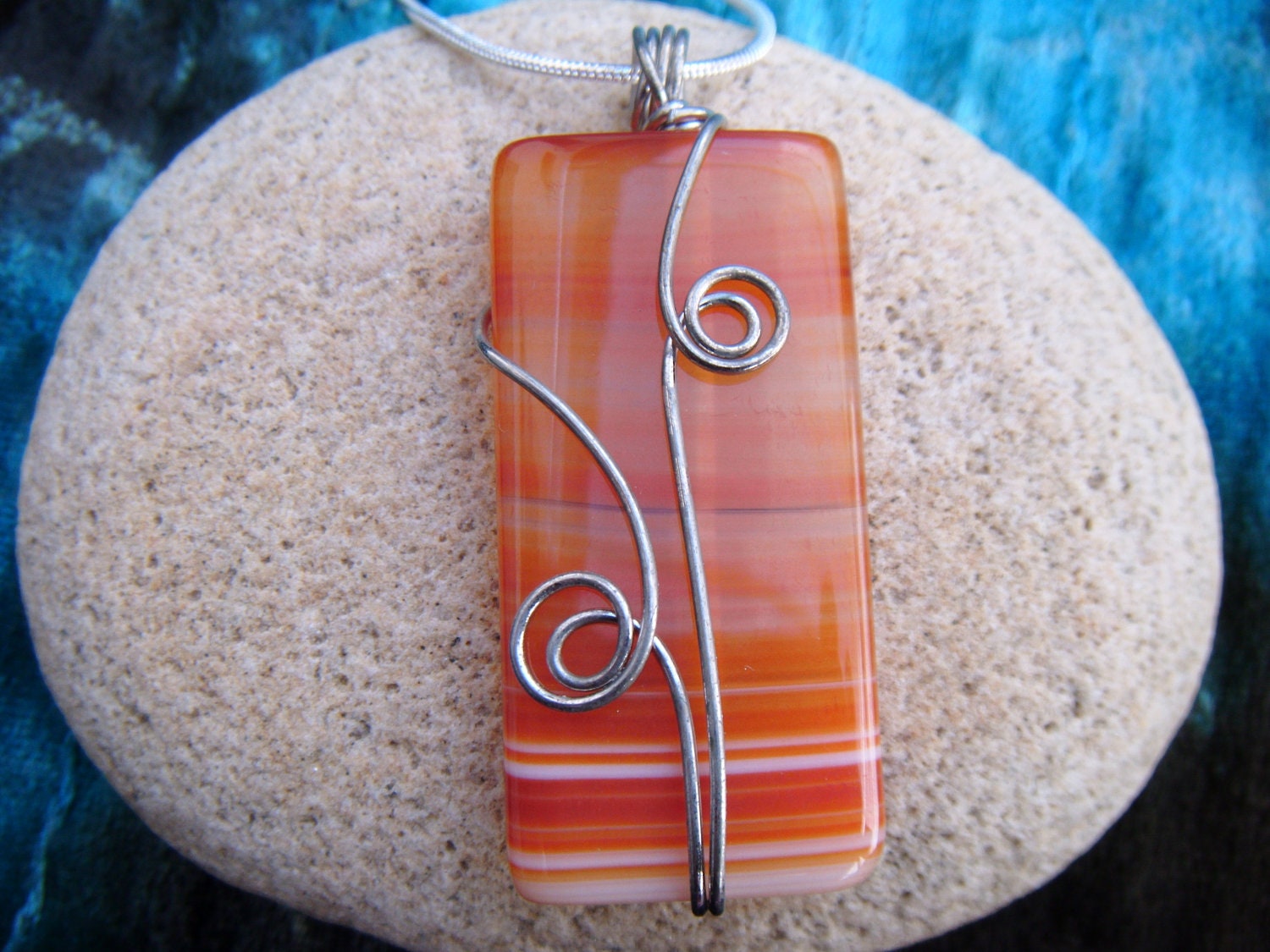 ORANGE Onyx Agate Wire Wrapped Wirewrap Pendant Necklace With FREE CHAIN
