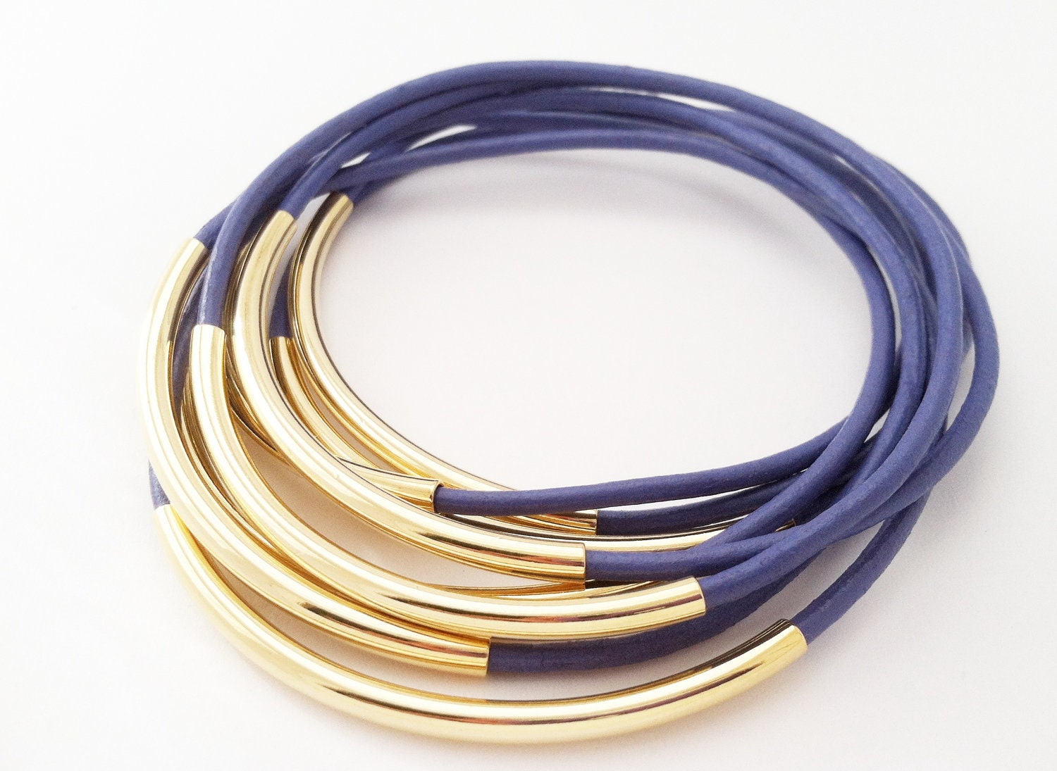 Violet leather bangles with Gold or Silver tube Accents