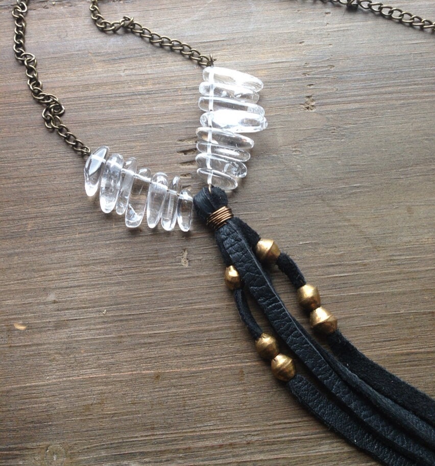 Quartz Black Leather Necklace