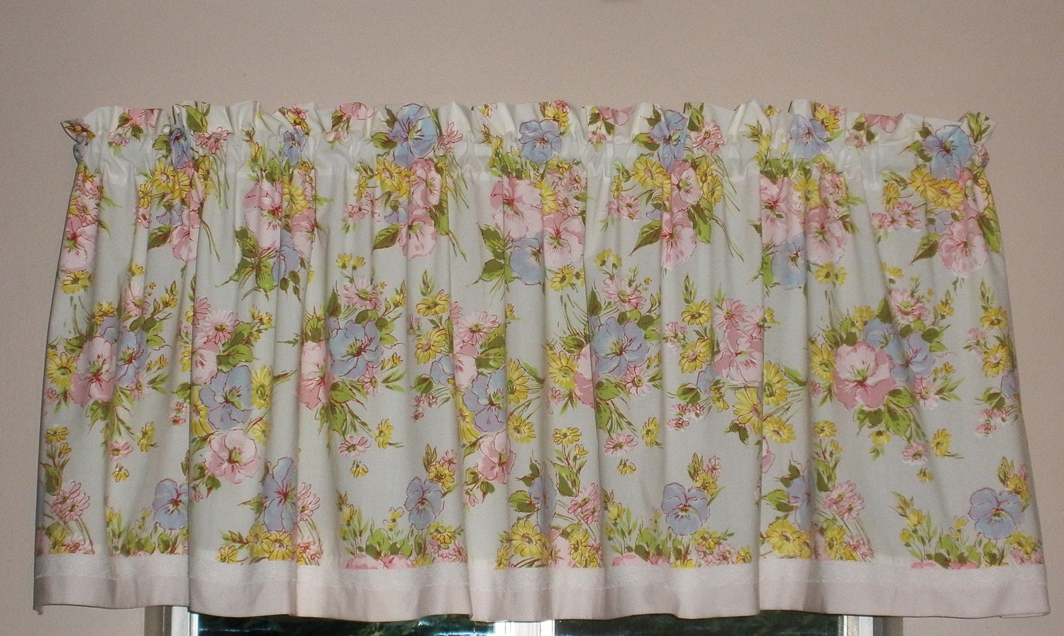 Romantic Country French Valances Made From Vintage Linen . Floral . Polka dot and Lace . Pretty