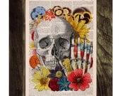Vintage Book Print - Skull flower collage Print on Vintage Book