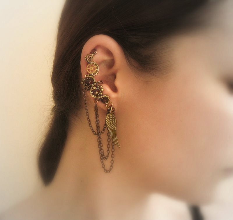 Steampunk Ear Cuff With Chains, Garnets And Wing Charm
