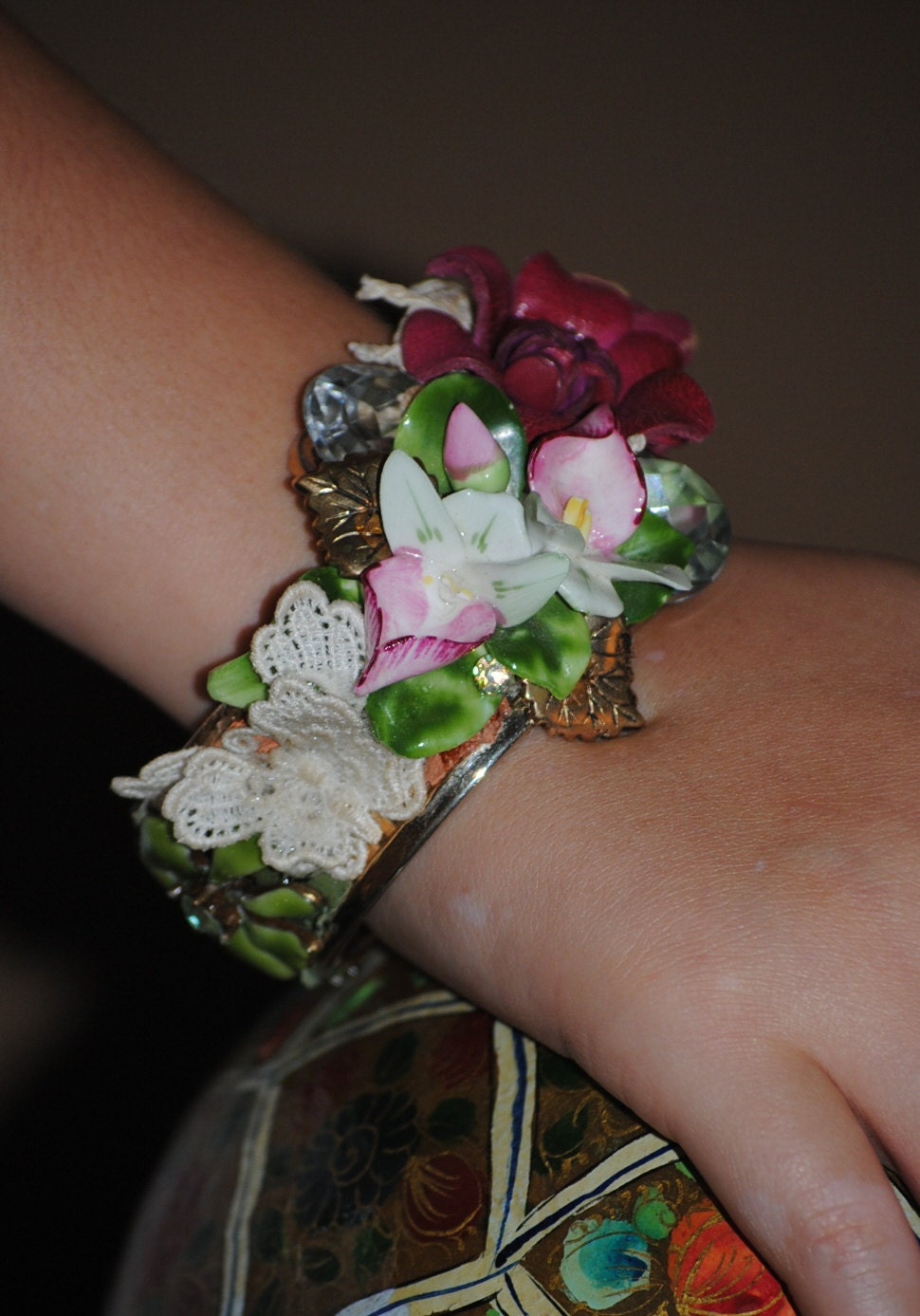 Victorian style assemblage cuff bracelet bangle OOAK