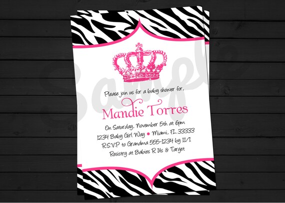 Zebra Princess Baby Shower Any Color Invitation Digital File Invite YOU-PRINT Il_570xn