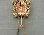 vintage Coro cuckoo clock fur clip -  gold, brooch, bird