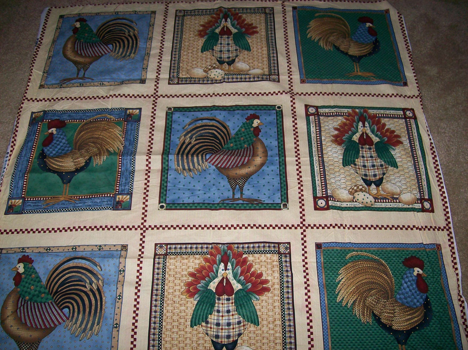 Rooster Panel - Debbie Mumm - 1 yard with 9 rooster blocks