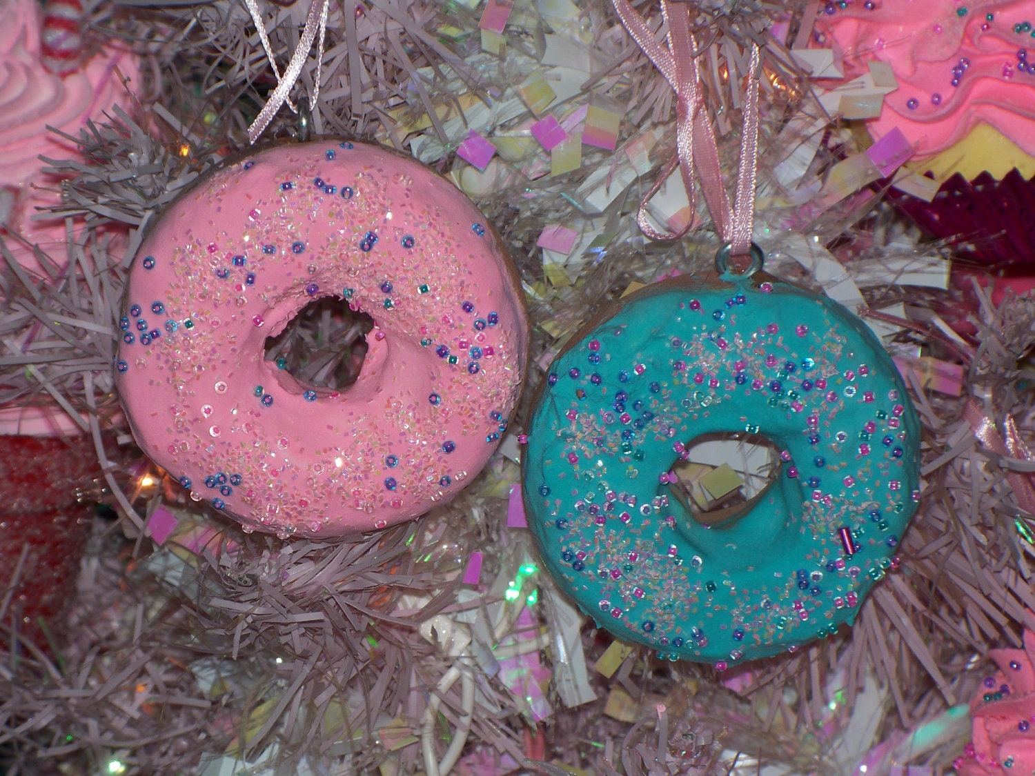 2 Pink and Blue Mini Donuts Ornaments for Christmas Tree Accents, Holiday Decor, Photo Props