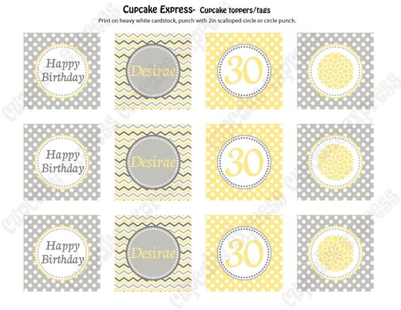 DIY Sunshine Chic Birthday Party PRINTABLE Cupcake Toppers favor tags baby shower yellow grey 30th Il_570xn