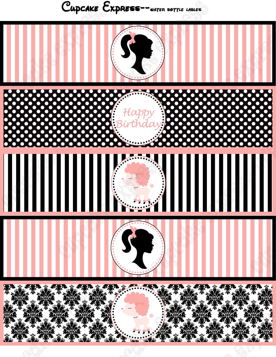 DIY Barbie in Paris Printable Birthday Party Water Bottle Labels wraps pink black stripes polka dots damask Il_570xn