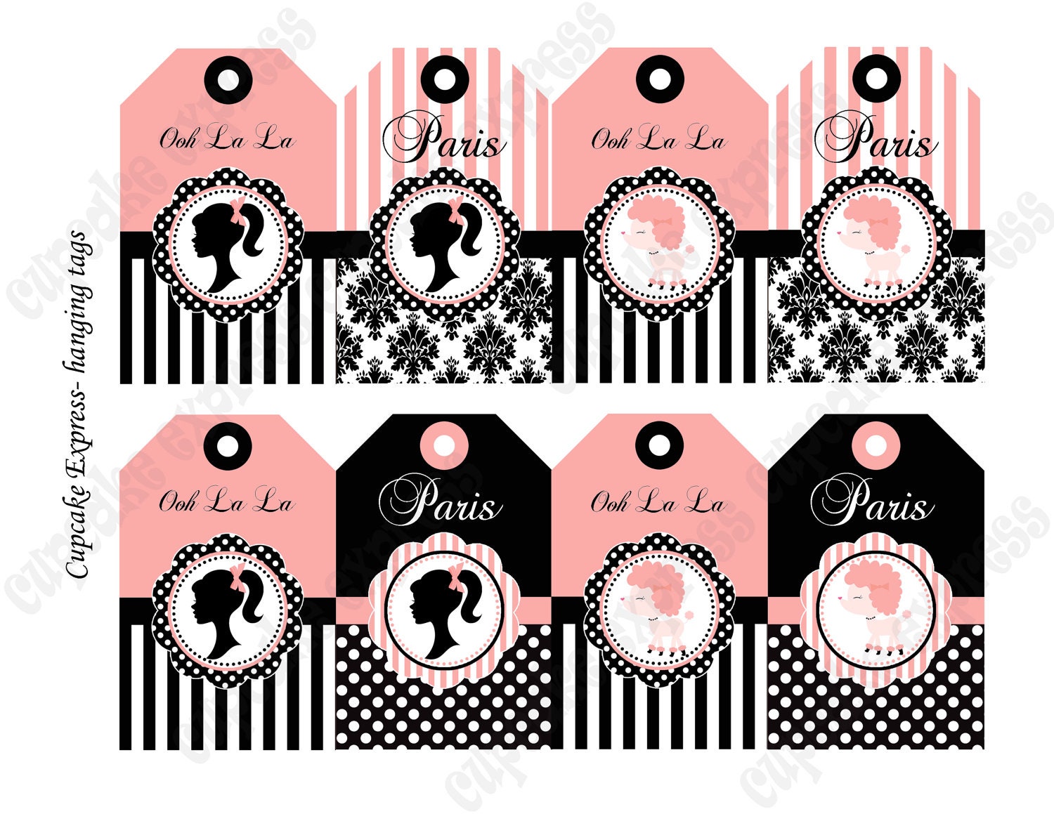 DIY Barbie in Paris Birthday Printable Party Hanging Tags pink Black gift tags poodle -Cupcake Express Il_570xn