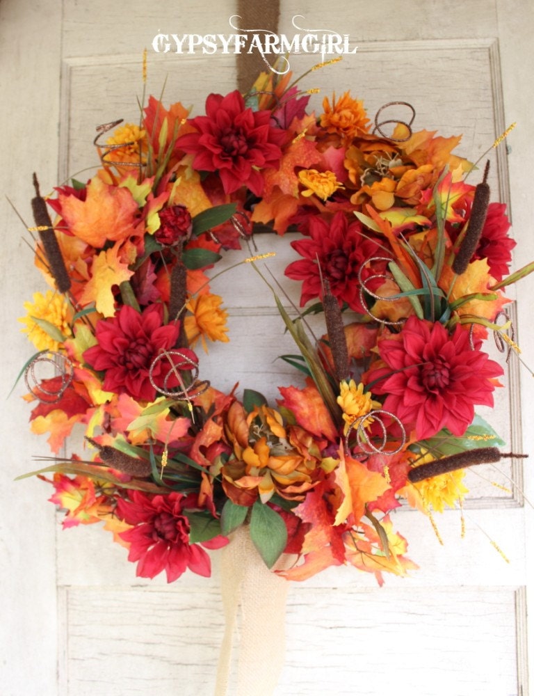 SALE Fall Grapevine Wreath with Burlap, Cattails, Peonies, Dahlias, Glitz and Fall Leaves