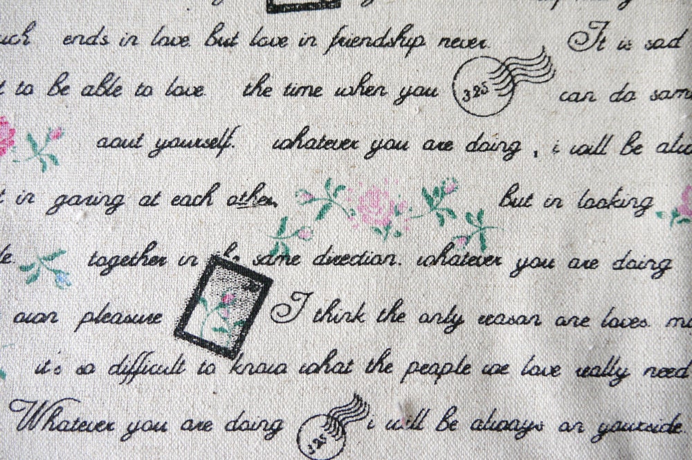 Rose and Love Letter - black - Cotton Linen Fabric - Fat Quarter