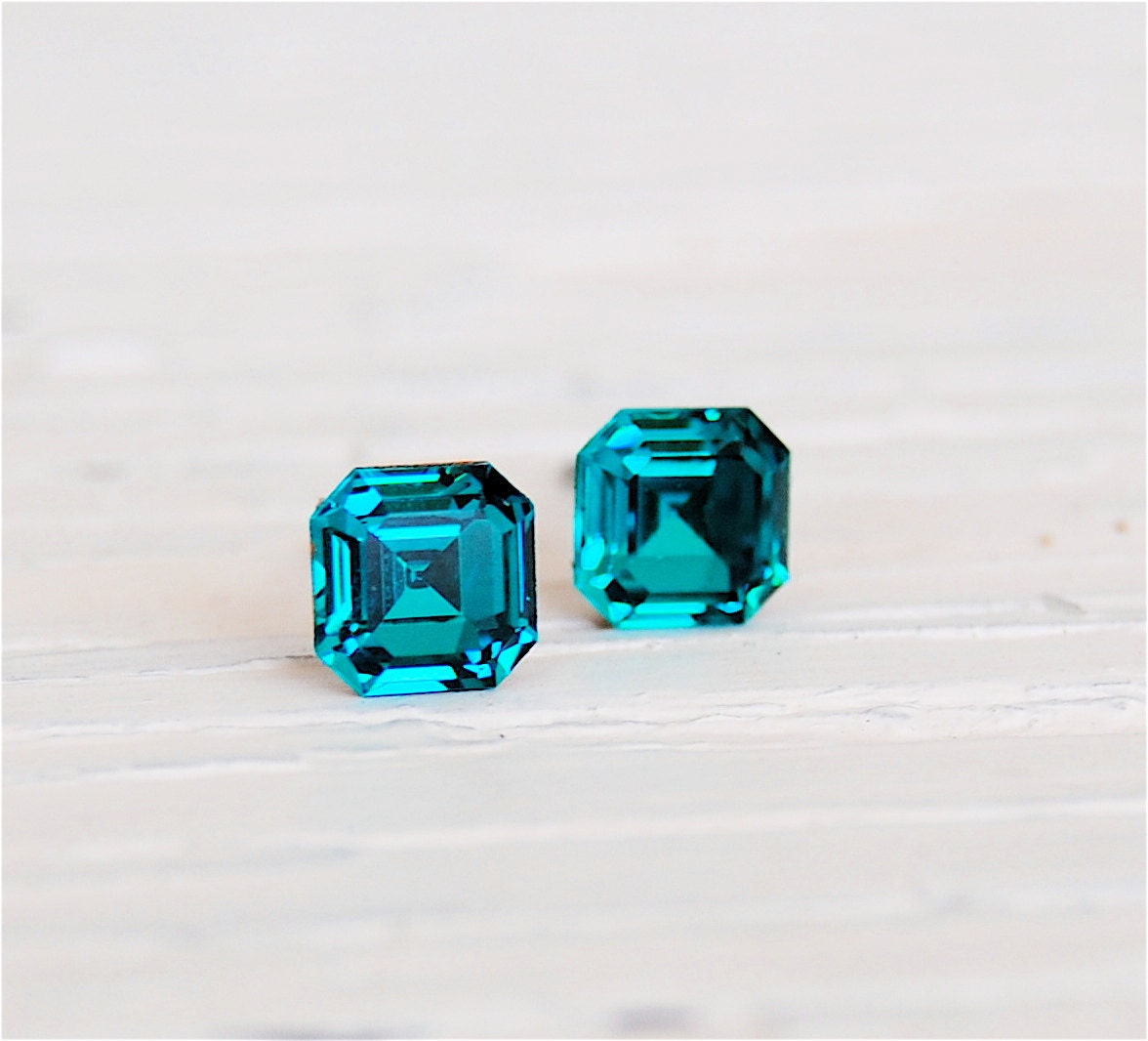 Teal Blue Peacock Earrings, Swarovski Crystal Stud Earrings - Teenies - 6mm - Square Vintage Earrings - Jewelry By Mashugana